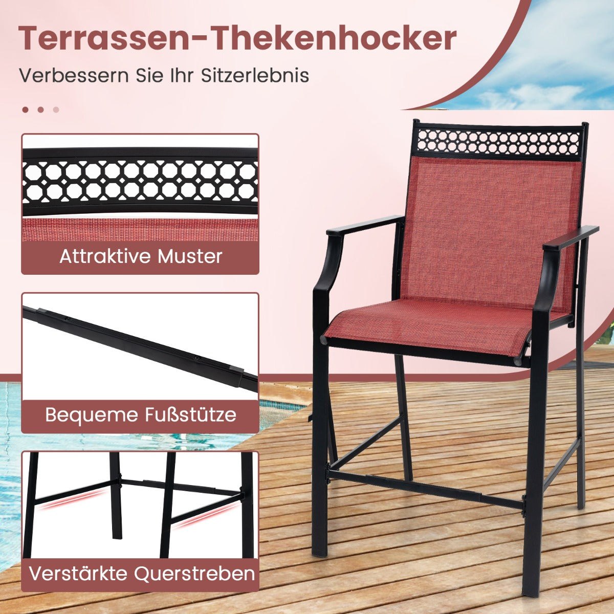 Set – med trädgårdsstolar snabbtorkande tyg, höga uteplatsstolar, balkongstolar röda – 2 – Röd