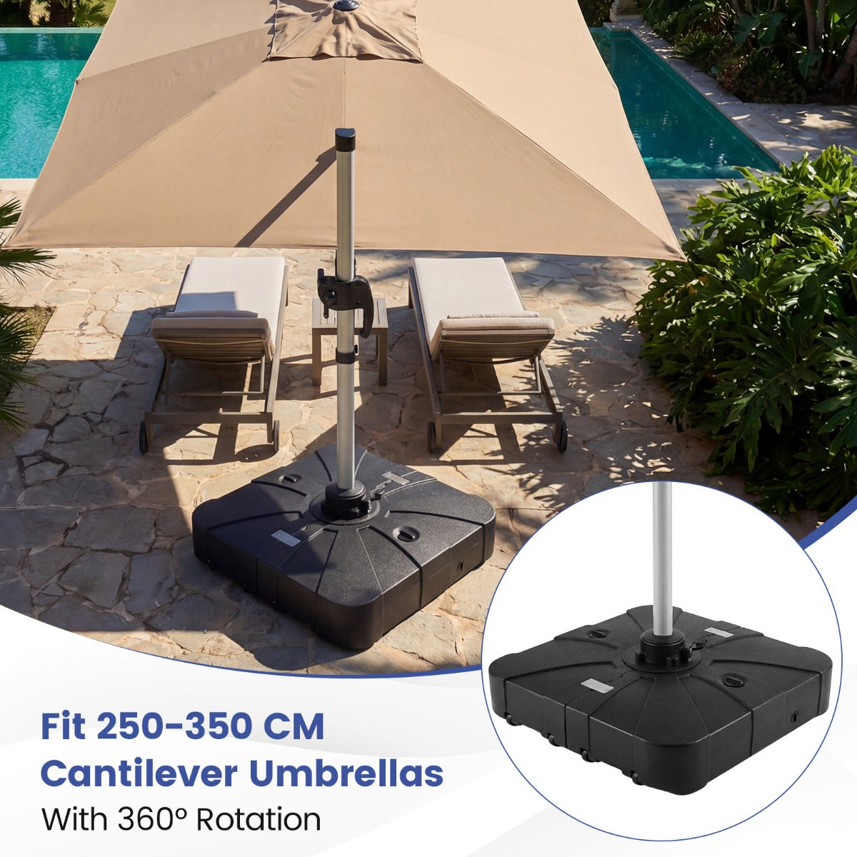 Parasollställ – med hjul HDPE fyrkantig, fyllbar för trädgård, terrass, poolområde – 88 cm 170 kg – Svart