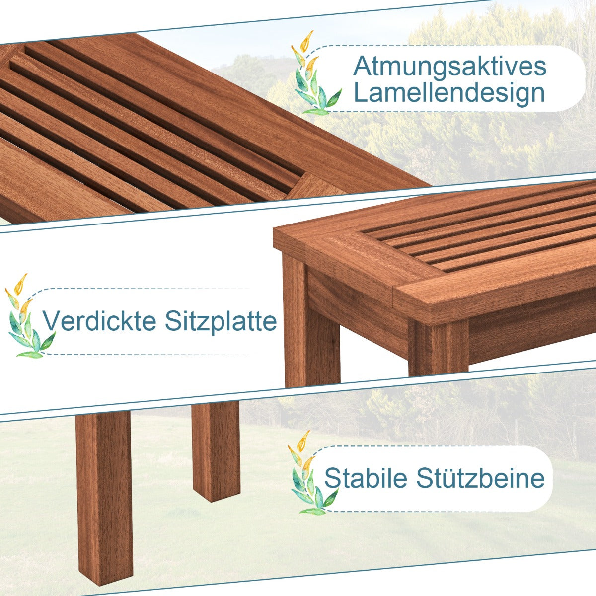 sits – trädgårdsbänk utan ryggstöd Väderbeständig Träbänk – 2 100 x 30,5 x 47 cm – Natur
