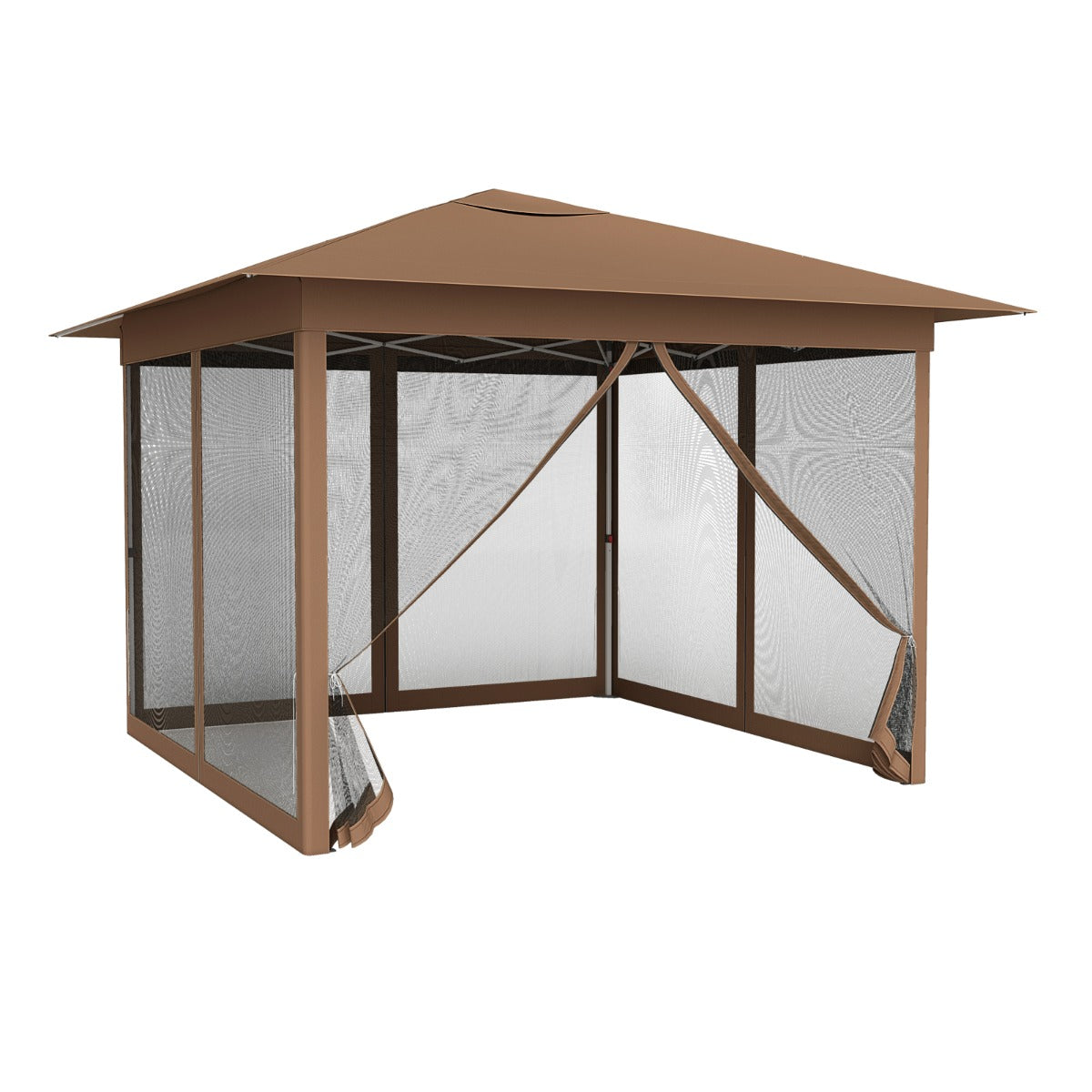 Paviljong – med ettklicksfunktion, höjdjusterbar, myggnät, dubbeltak och väska för trädgård camping – 3,5 x 3,5 m – Brun