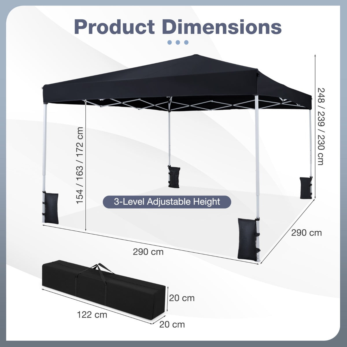 Pop – up paviljong, höjdjusterbar med tillbehör, för strand och camping – 290 x 290 cm – Svart