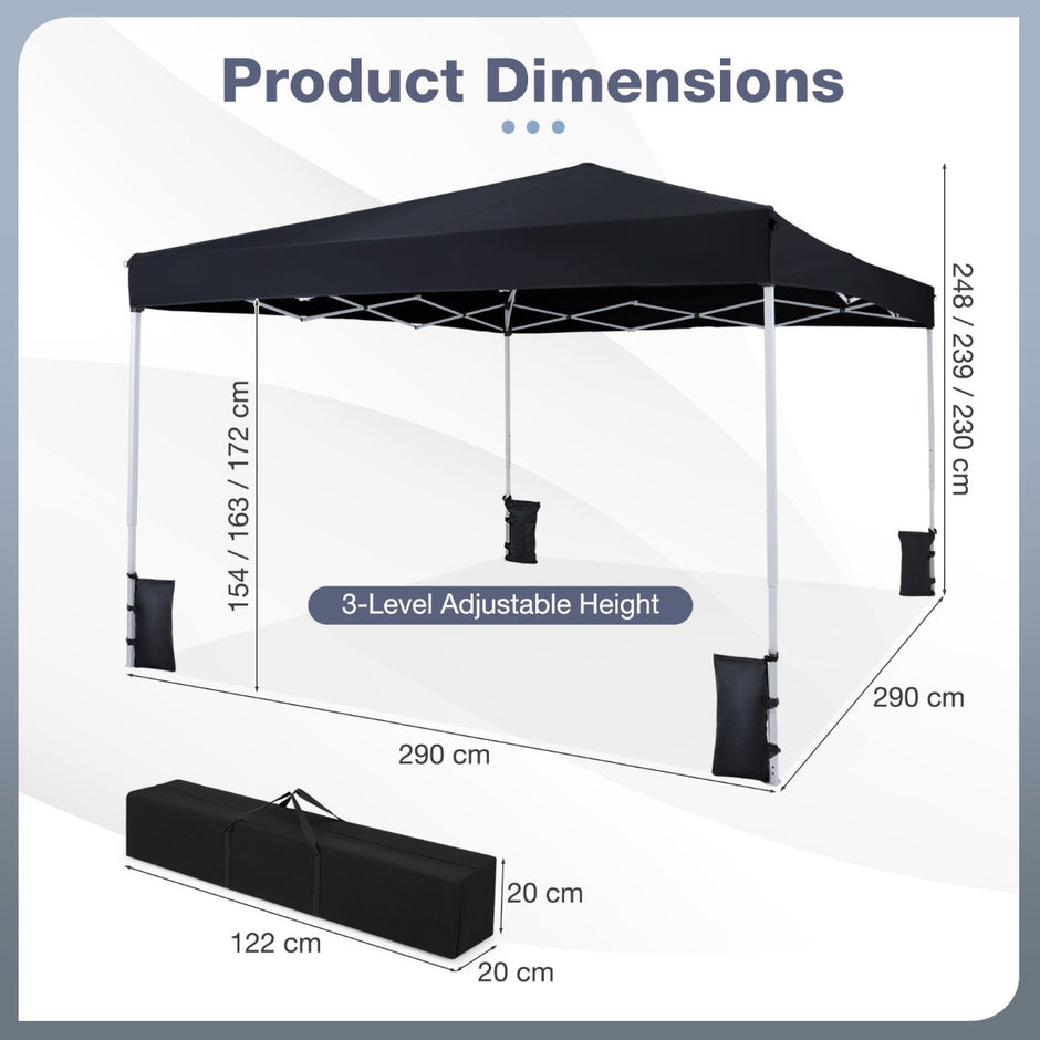Pop – up paviljong, höjdjusterbar med tillbehör, för strand och camping – 290 x 290 cm – Svart