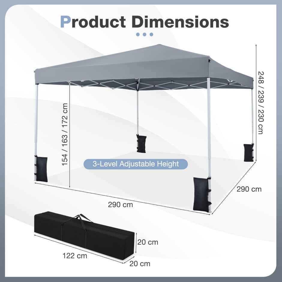 Pop – up paviljong, höjdjusterbar och hopfällbar, med tillbehör för camping strand – 290 x 290 cm – Grå