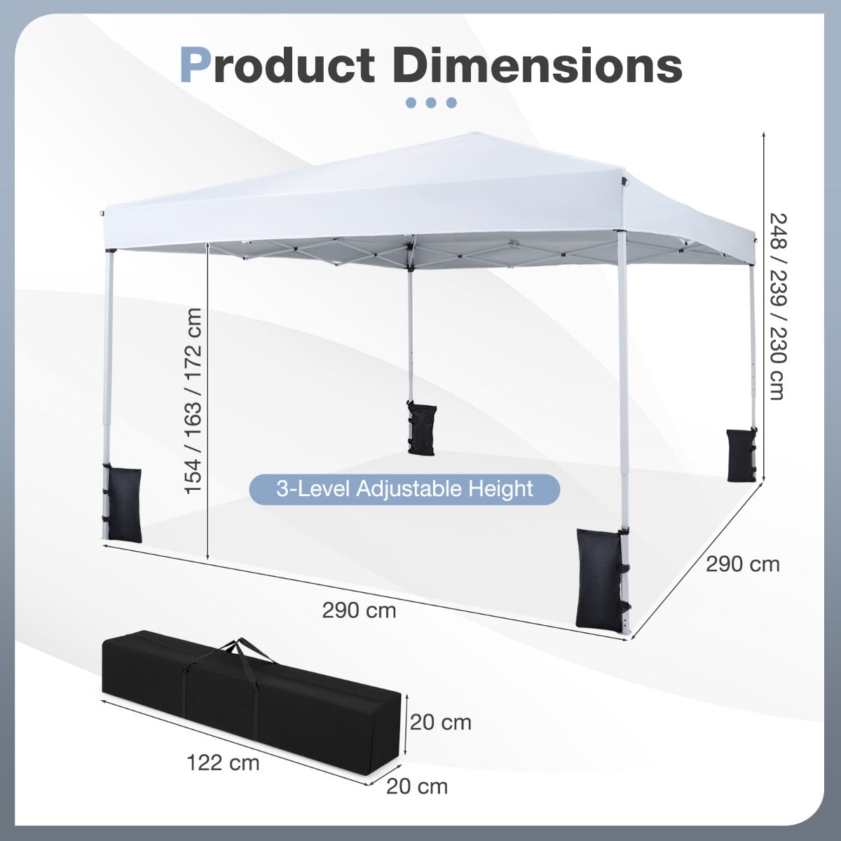 Pop – up paviljong, höjdjusterbar och hopfällbar med tillbehör, för camping strand – 290 x 290 cm – Vit