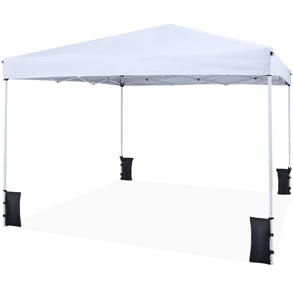 Pop – up paviljong, höjdjusterbar och hopfällbar med tillbehör, för camping strand – 290 x 290 cm – Vit