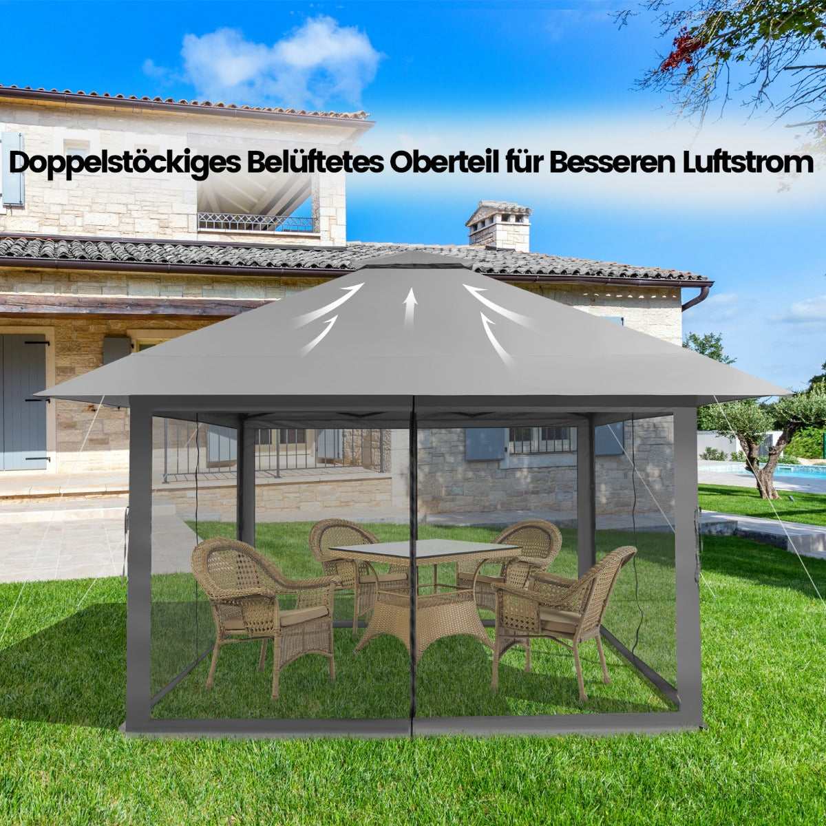 Paviljong – med Mesh sidoväggar UV skydd 50+ – 4 x 4 m – Grå