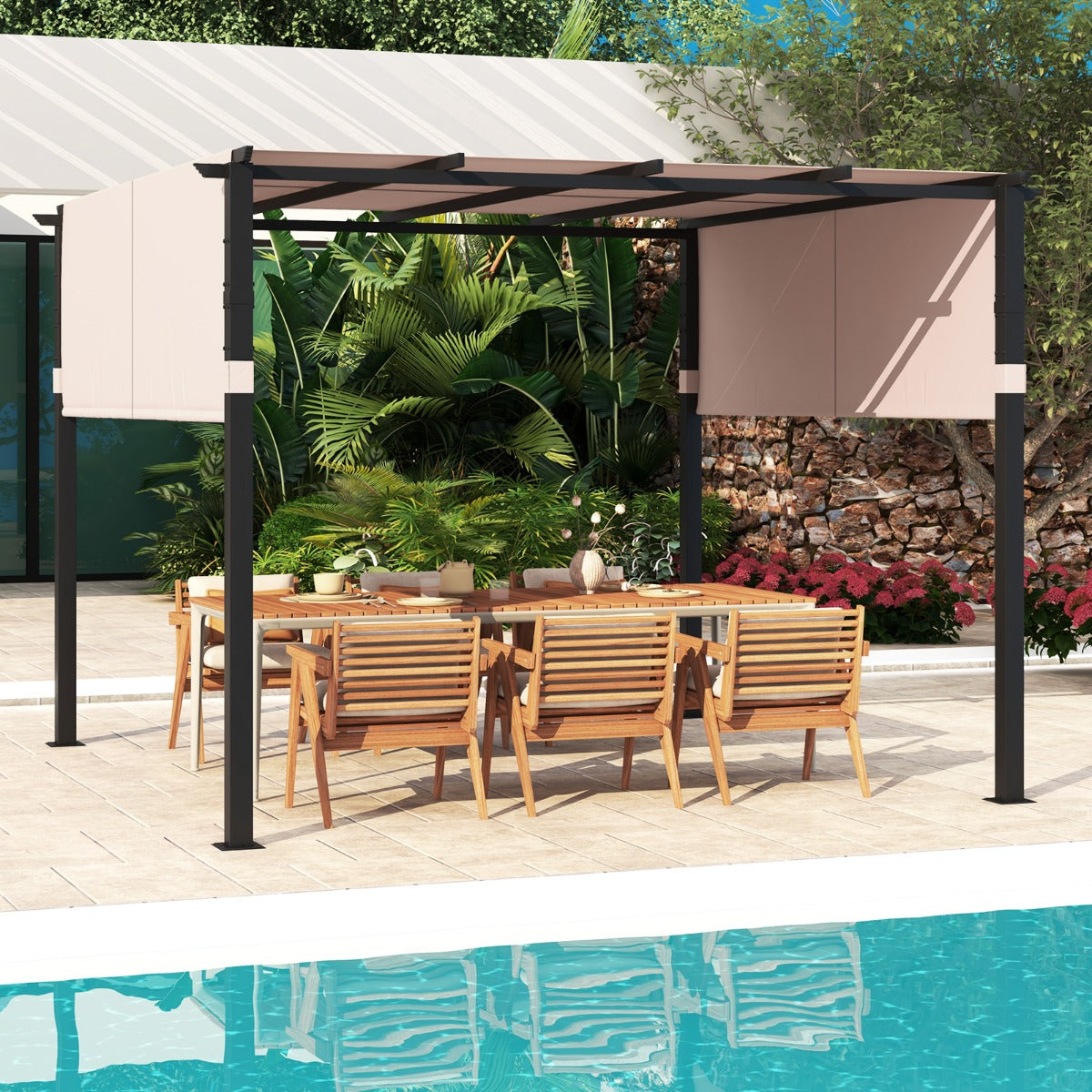 Pergola – med justerbara tak Vattentät Stabil Vintertät Paviljong – 2 3,05 x 3,05 m – Beige