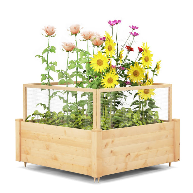 Upphöjd – bädd med staket Träkruka sidigt och växtgaller – 4 107 x 107 x 70 cm – Natur