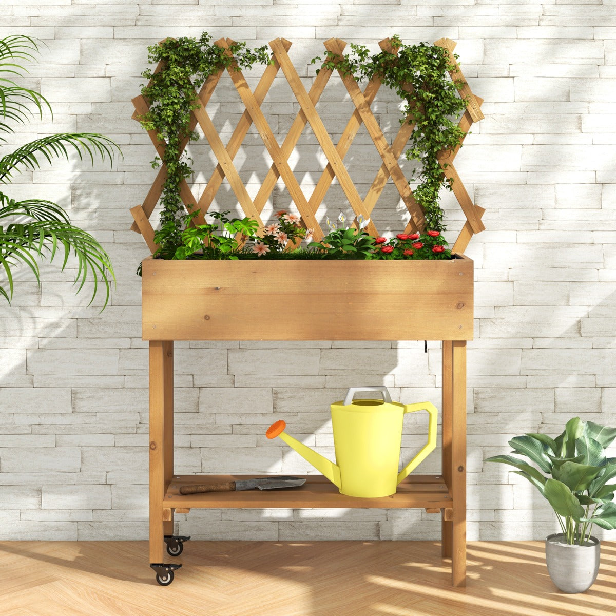 Upphöjd – bädd på hjul med hylla och spaljé tygfoder rabatt – 90 x 29 x 129 cm – Natur