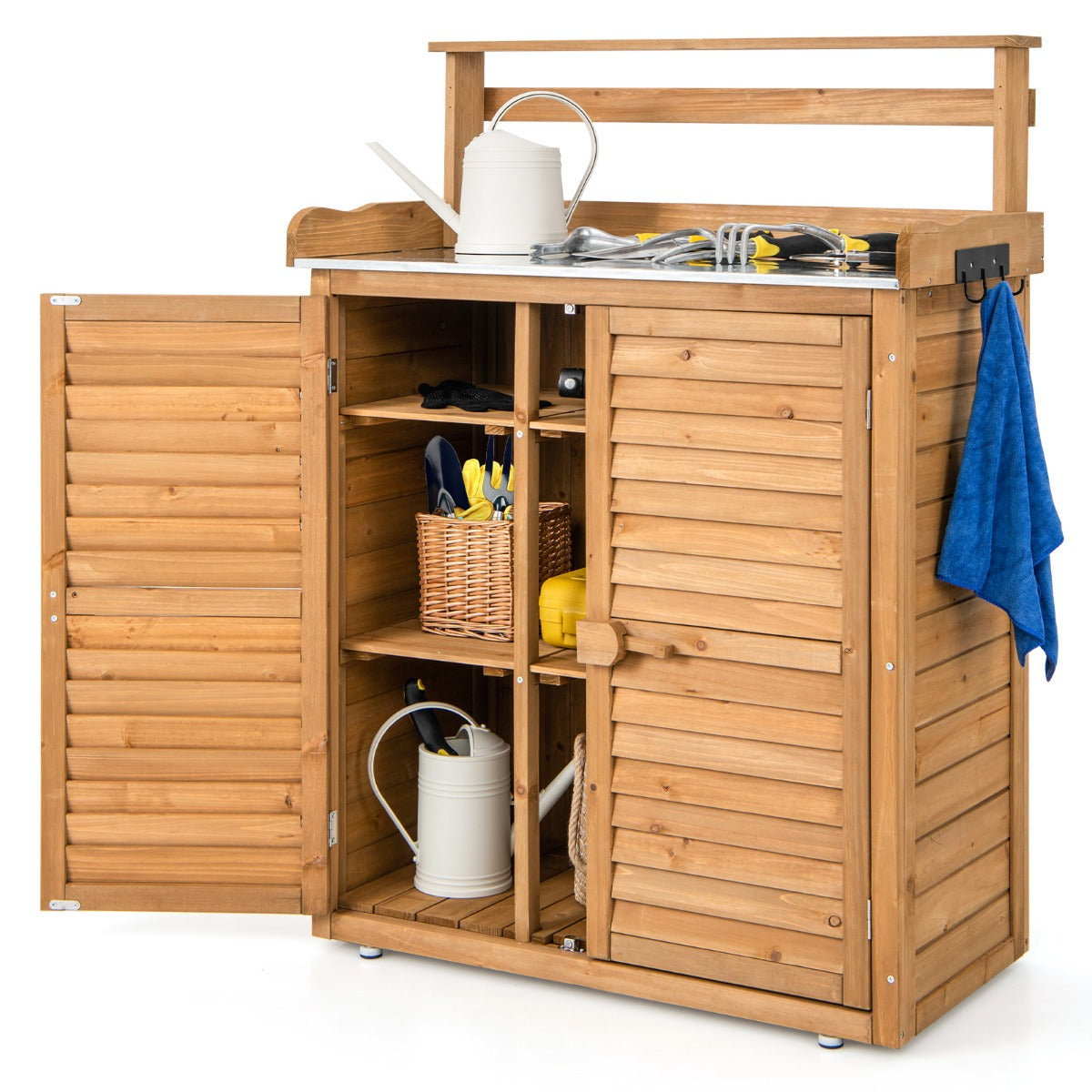 Planteringsbord – med underskåp trädgårdsbord väderbeständigt utomhus av trä – 87 x 45 x 120 cm – Natur