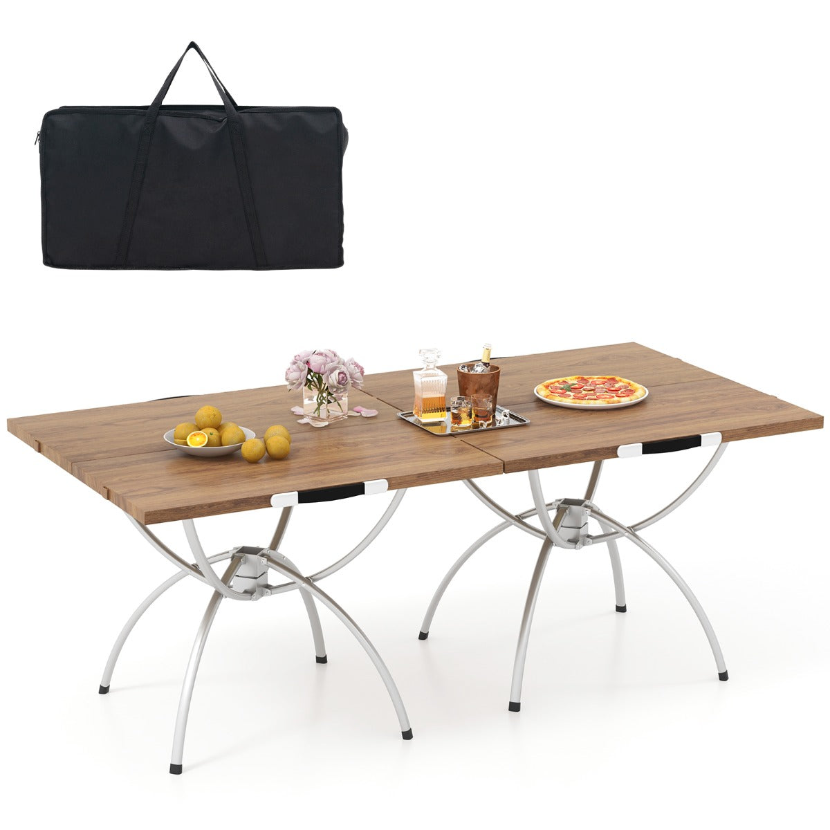 Set – med hopfällbara campingbord bordsskiva i trä och strandbord aluminiumstomme – 2 – Natur