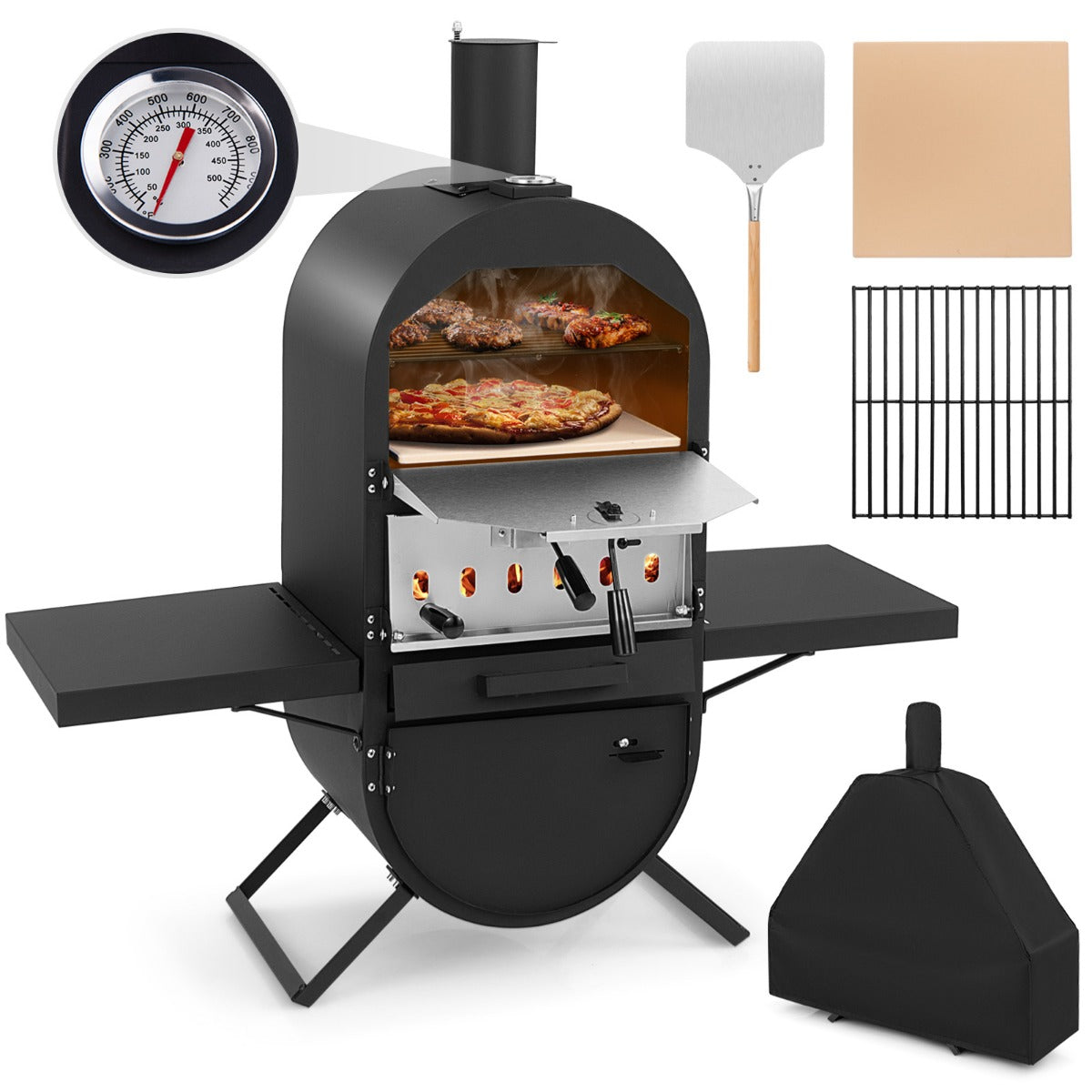 Pizzaugn – utomhus med sidohyllor grillgaller i rostfritt stål pizzaspade för trädgård – Svart