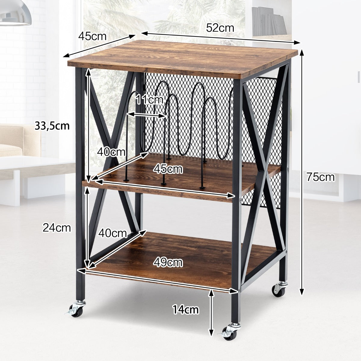 Skivställ – med hyllor vånings skivhylla Rullbar – 3 3 52 x 45 x 75 cm – Brun