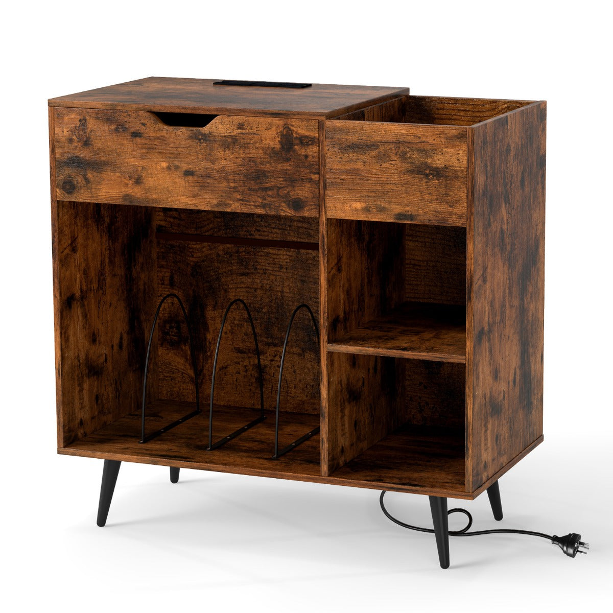 Skivspelaresstativ – Skivskåp med uttag och USB typ C – 79,5 x 40 x 79 cm – Rustik brun