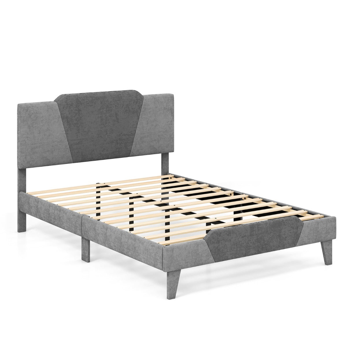 Klädd – plattformssäng i dubbelstorlek Sammetssängstomme med sänggavel av massiva träribbor – 140 x 200 cm – Grå