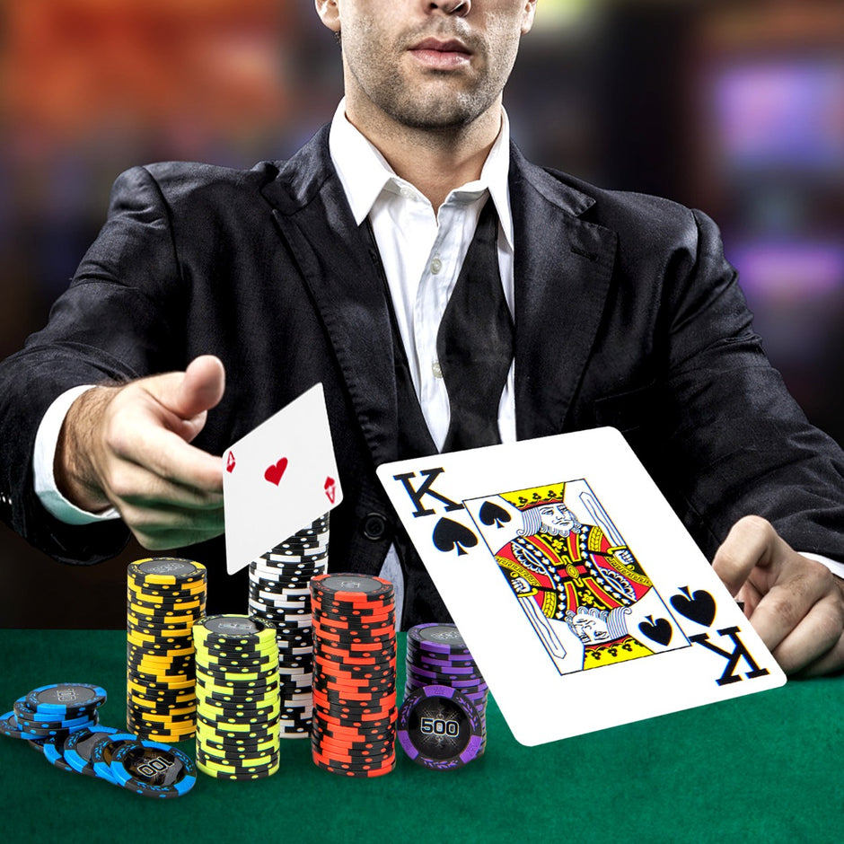 Pokerset – med lasermarker och spelkort tärningar dealermarker nycklar pokerfodral – 500 2 5 3 2 – Svart