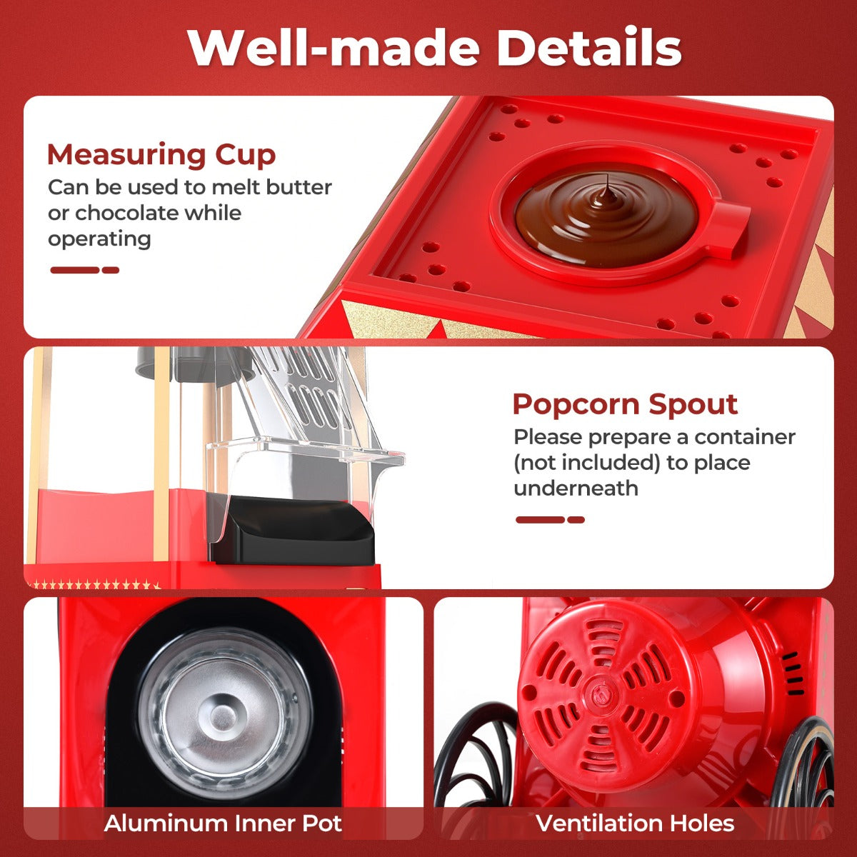 Retro – Popcornmaskin 1200W Varmluft med Måttbägare Utan Olja – 67 ml – Röd