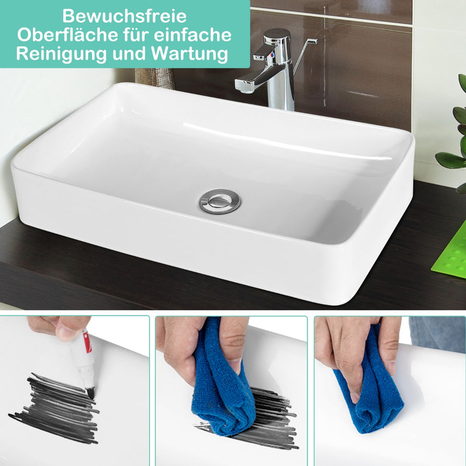 Tvättställ – Porslinskonstfat Keramiskt handfat med popup avlopp – 60 x 35 x 11 cm – Vit