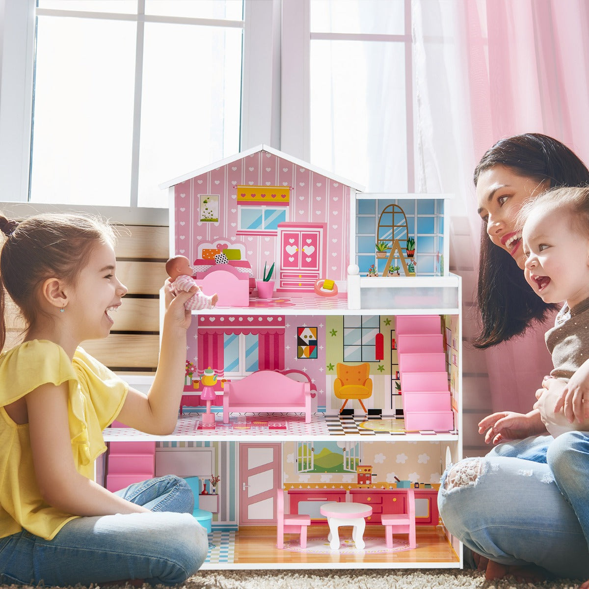 Dockhus – i trä med våningar och möbler rum Dollhouse Dream Pink – 3 10 5 – Rosa