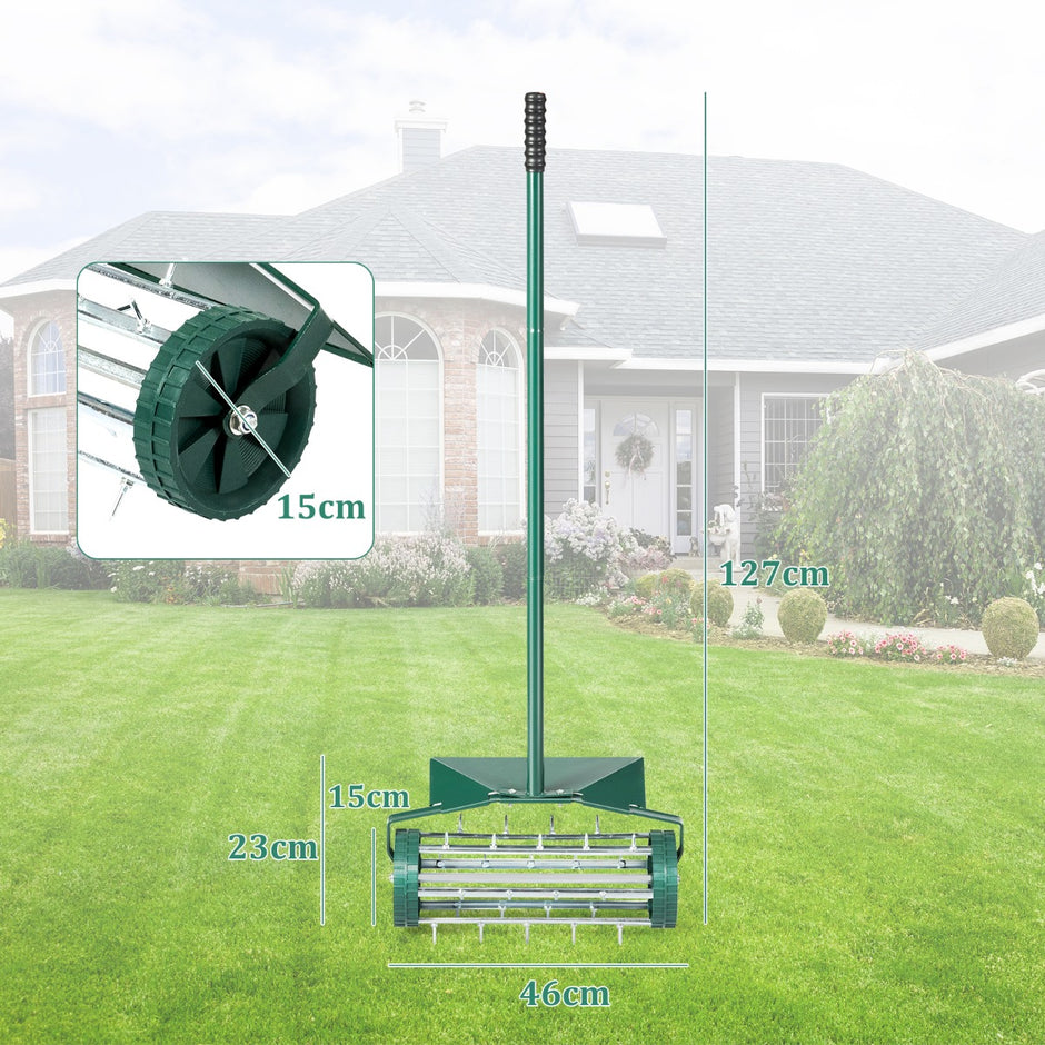 Gräsluftare – Roller Gräsmattrulle med handtag och spik stänkskydd mörkgrön – 3 cm 46 x 23 x 127 cm – Grön