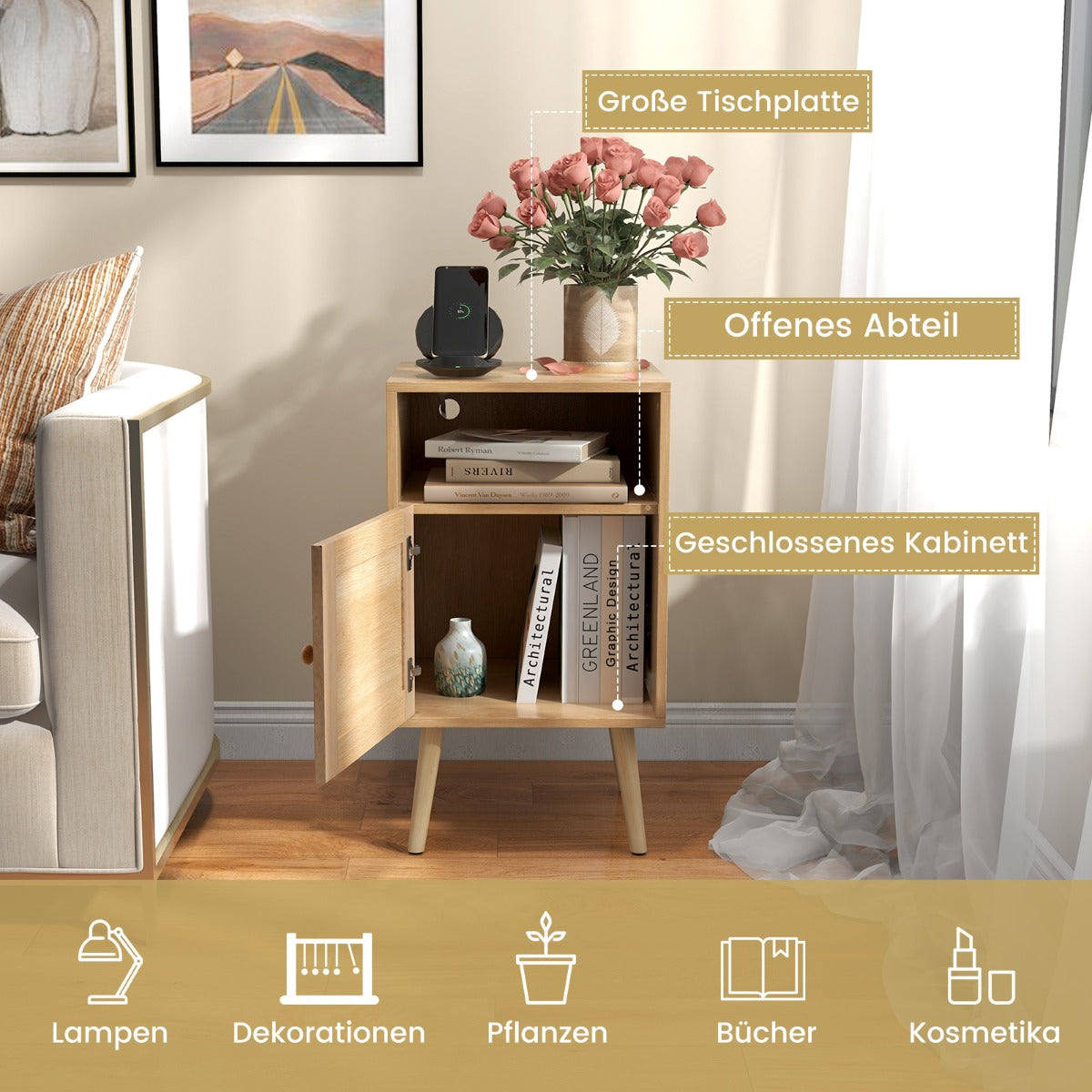 Set – med nattduksbord i rotting förvaringsutrymme öppen hylla och dörr Farmhouse Style Natural – 2 – Natur
