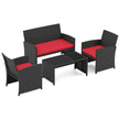 Rattan – trädgårdsmöbel set med stolar och bänk bord kuddar utomhuslounge – 2 – Röd