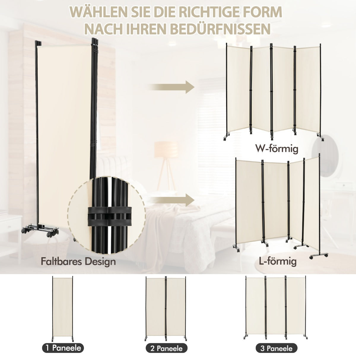 Rumsavdelare – med paneler på hjul hög rullbar sekretessskärm – 4 173 cm – Beige