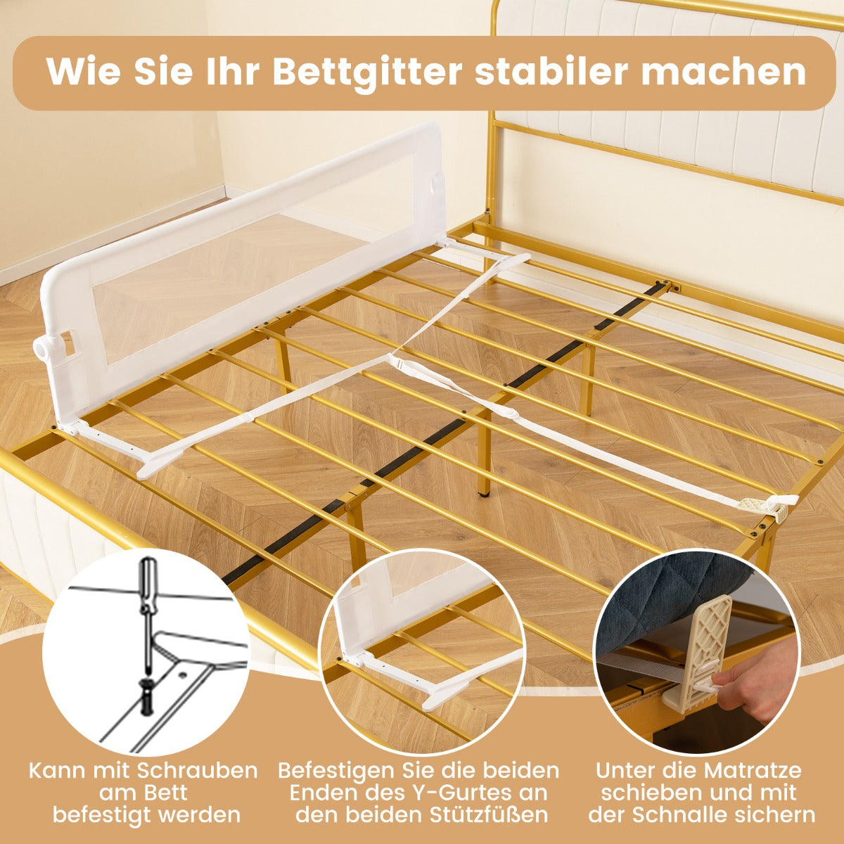 Vikbar – säkerhetsgrind för barnsängar med justerbara remmar – 150 x 40,5 x 42 cm – Vit