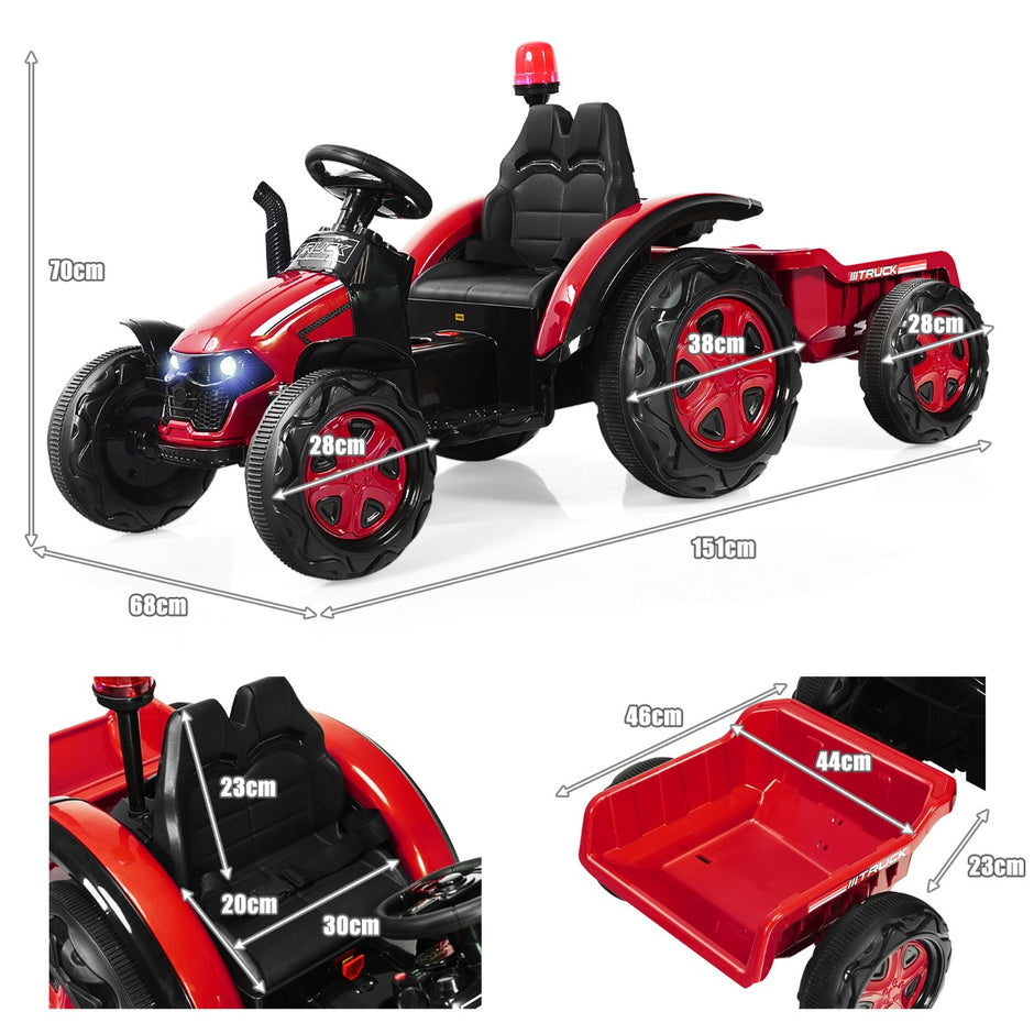 12V – traktor med avtagbar släpvagn – 151 x 68 x 70 cm – Röd