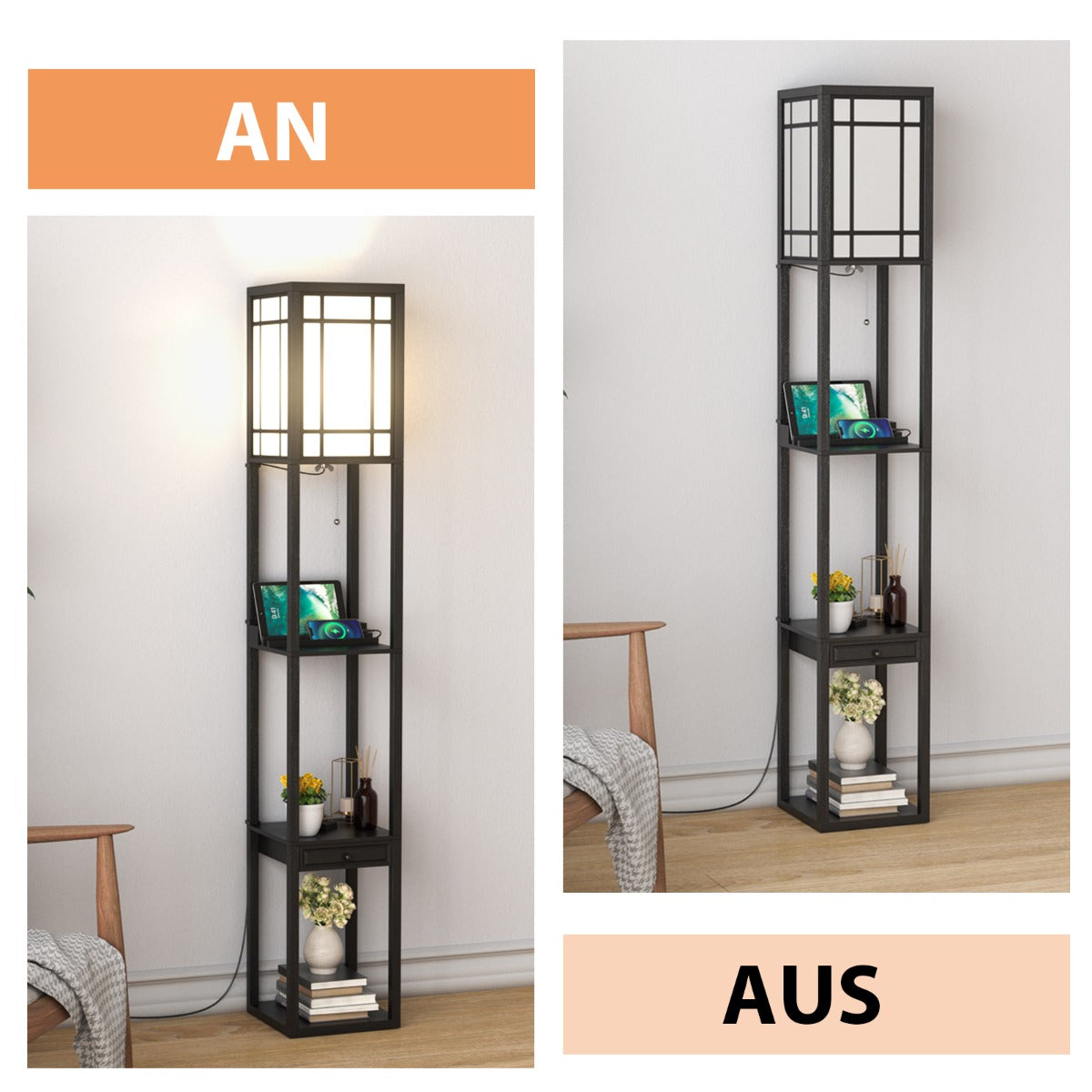 Modern – hylla golvlampa för vardagsrum och sovrum – 26 x 26 x 160,5 cm – Svart