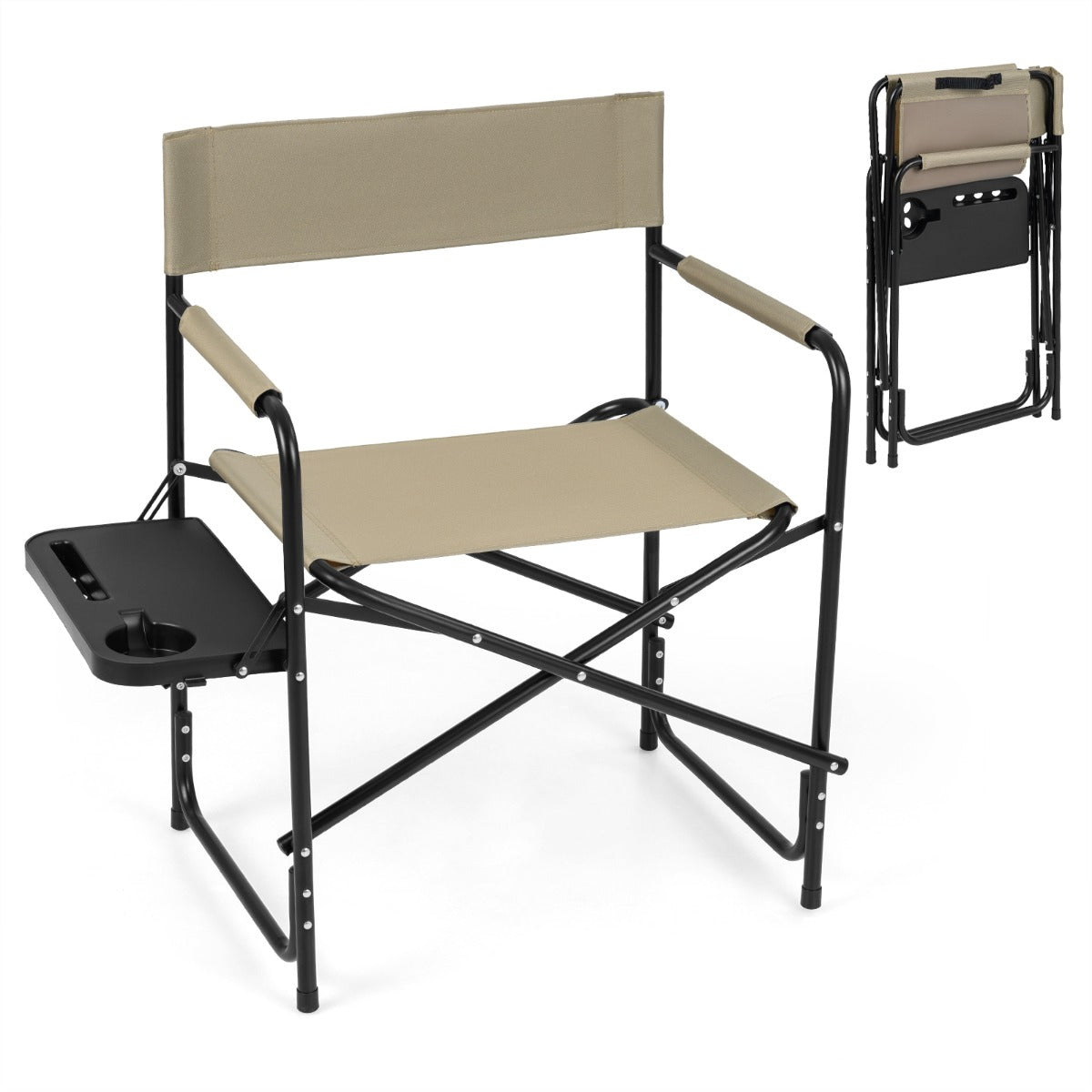 Regissörsstol – Hopfällbar upp till Campingstol med Sidobord Dryckeshållare och Ficka – 150 kg – Brun
