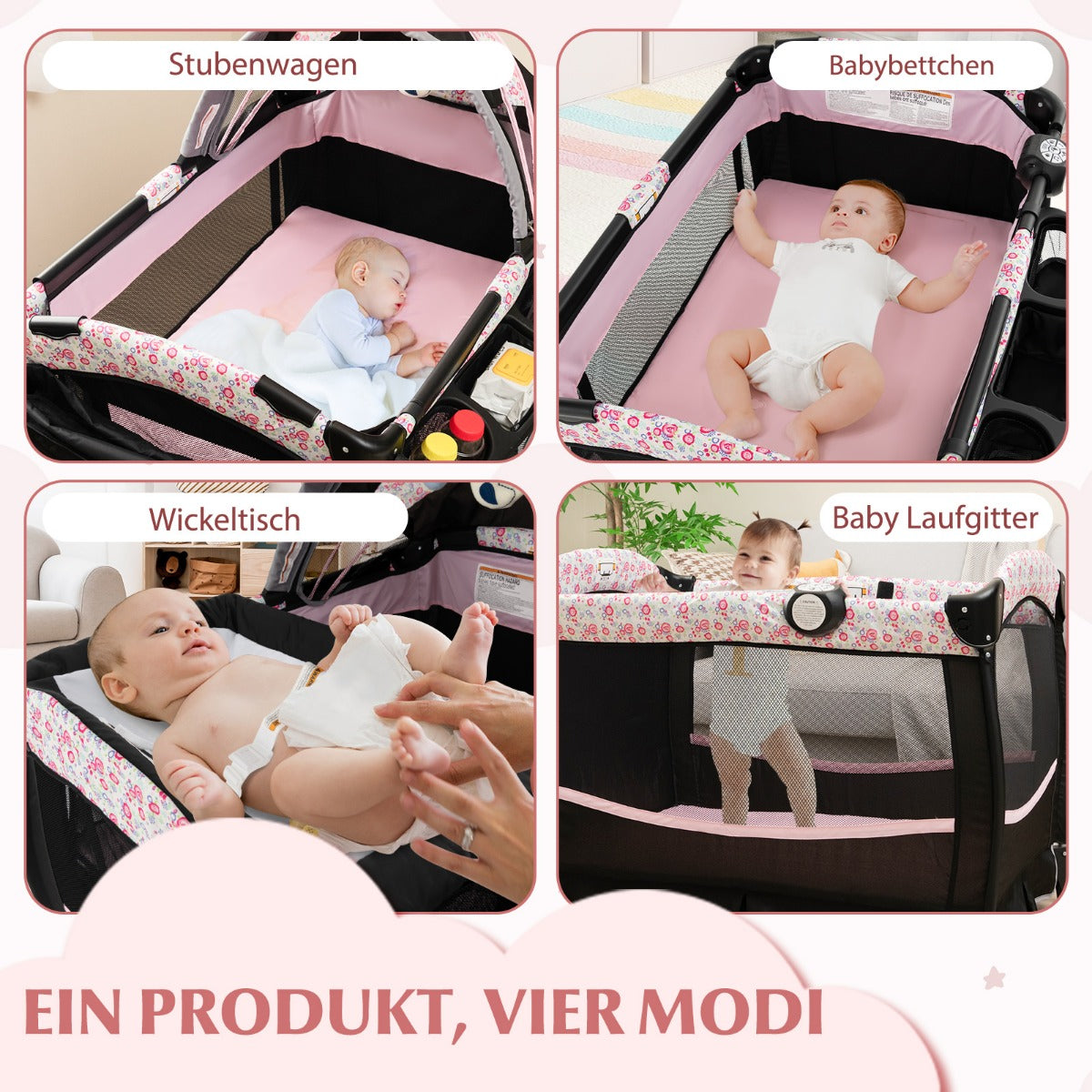 i – resesäng med madrass, hopfällbar justerbar himmel, rosa blommor – 4 1 – Svart