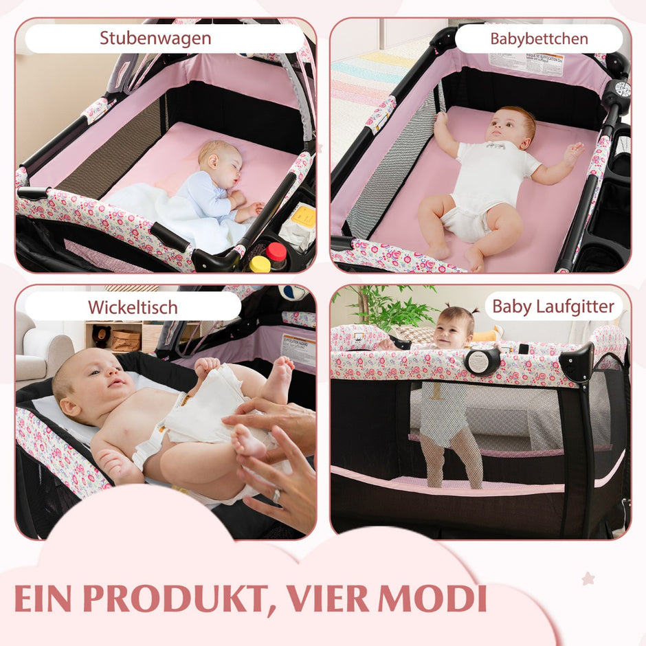 i – resesäng med madrass, hopfällbar justerbar himmel, rosa blommor – 4 1 – Svart