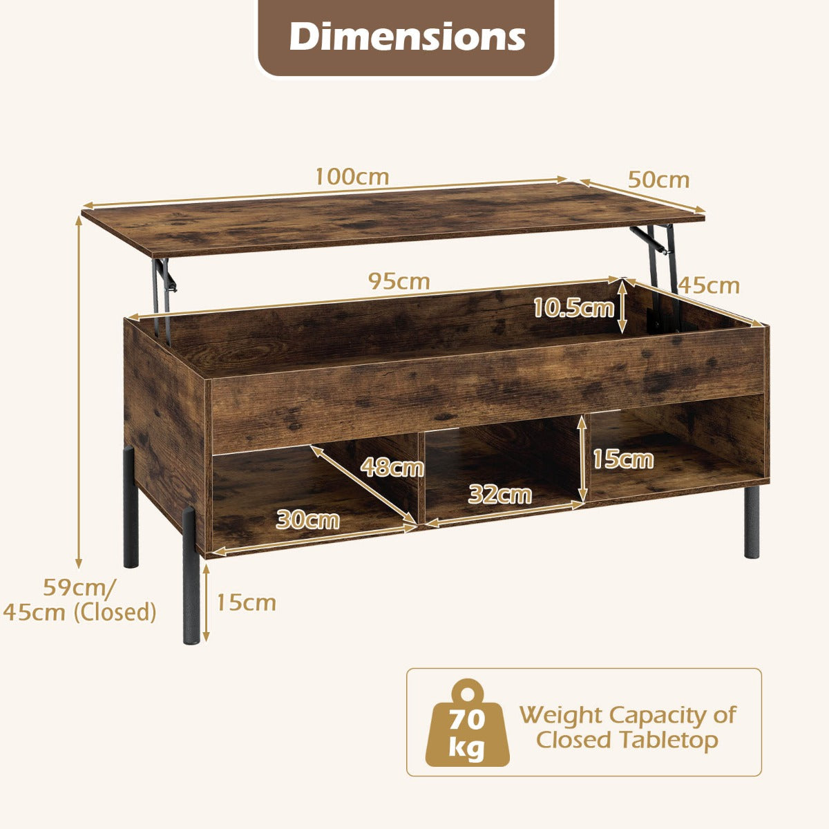 Höjbar – soffbord kaffebord med bordsskiva öppna hyllor – 3 100 x 50 x 45/59 cm – Brun
