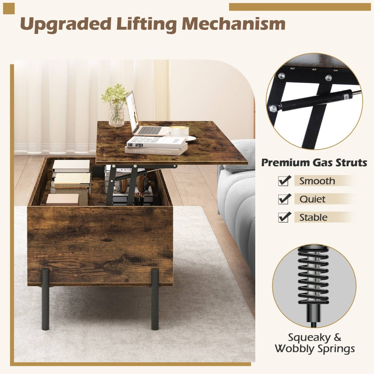 Höjbar – soffbord kaffebord med bordsskiva öppna hyllor – 3 100 x 50 x 45/59 cm – Brun