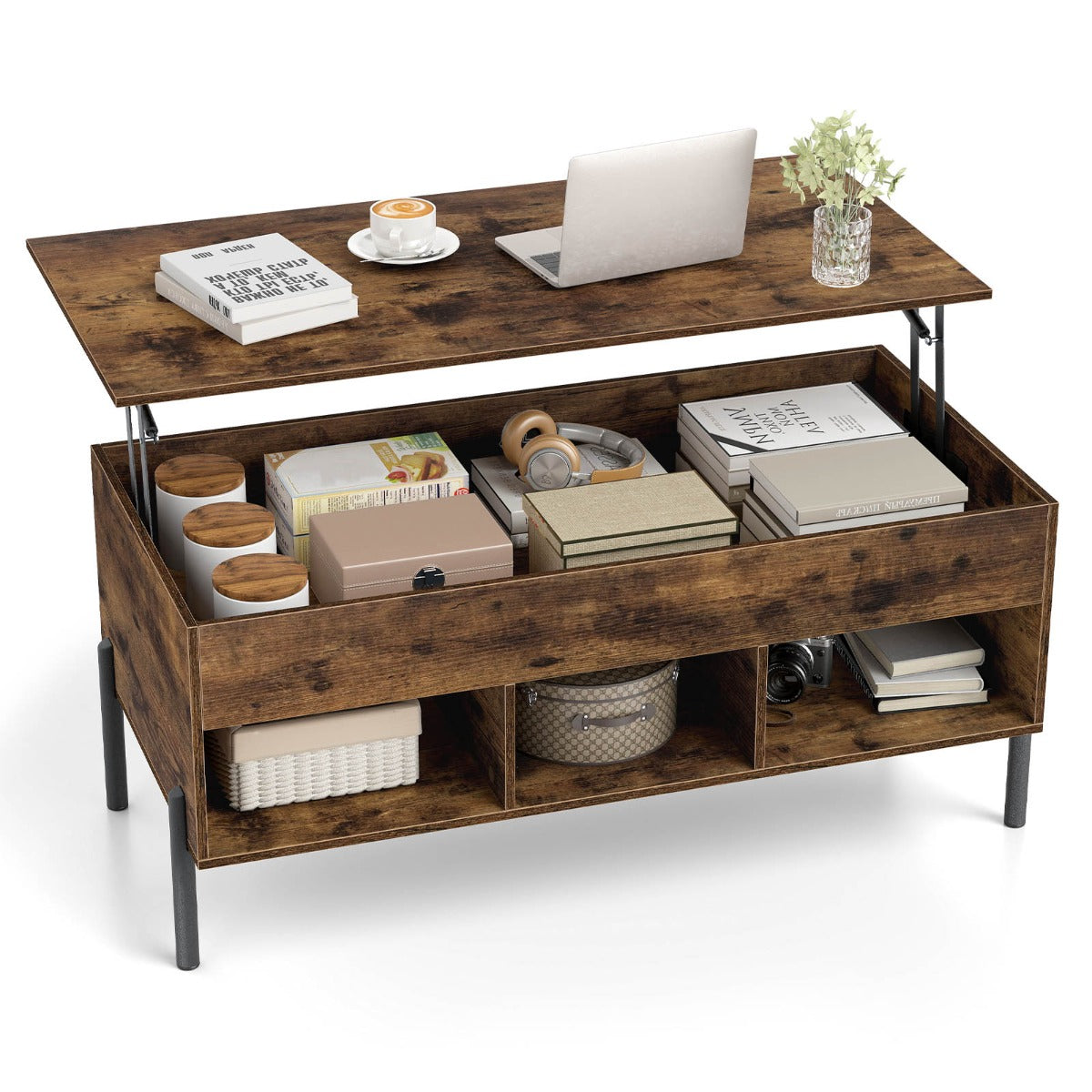 Höjbar – soffbord kaffebord med bordsskiva öppna hyllor – 3 100 x 50 x 45/59 cm – Brun