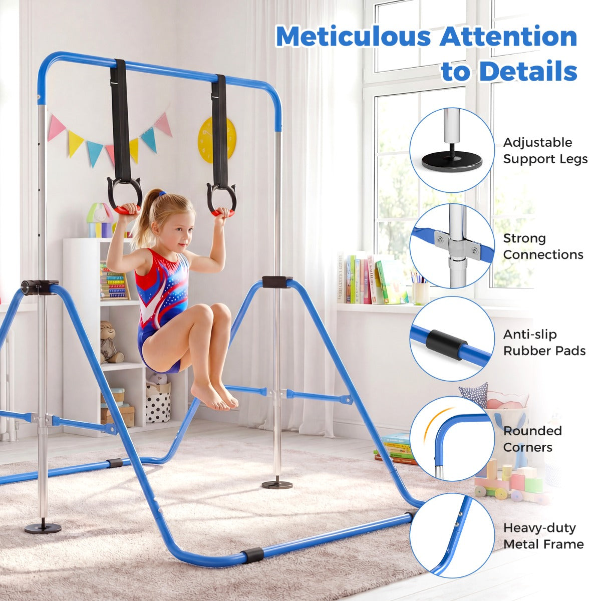 Utbyggbar – gymnastikstång för barn vägs höjdjusterbar ribbstolpe med stabil metallram – 4 – Blå