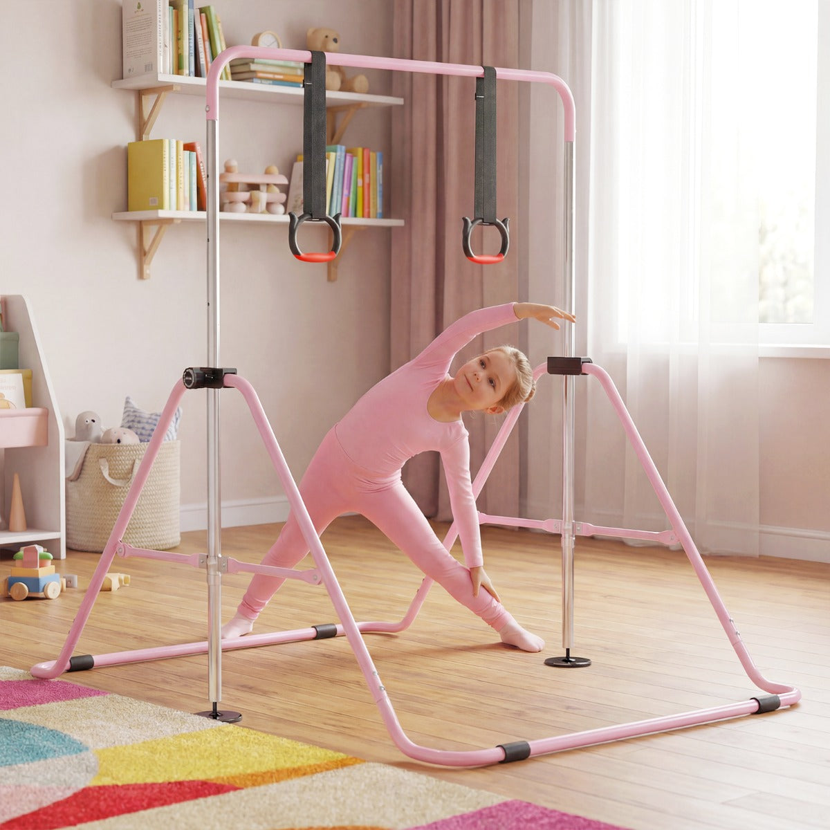 Utbyggbar – gymnastikstång för barn vägs höjdjusterbar ribbstolpe med stabil metallram – 4 – Rosa
