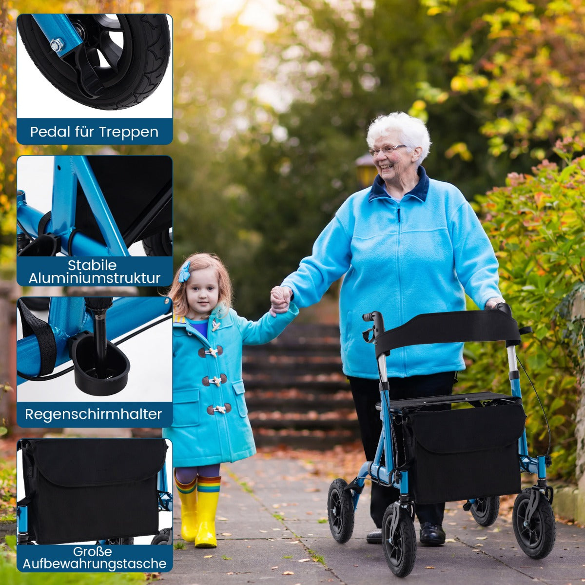 Rollator – fällbar och lätt med säte i aluminium upp till i rullstol – 136 kg 2 1 – Blå