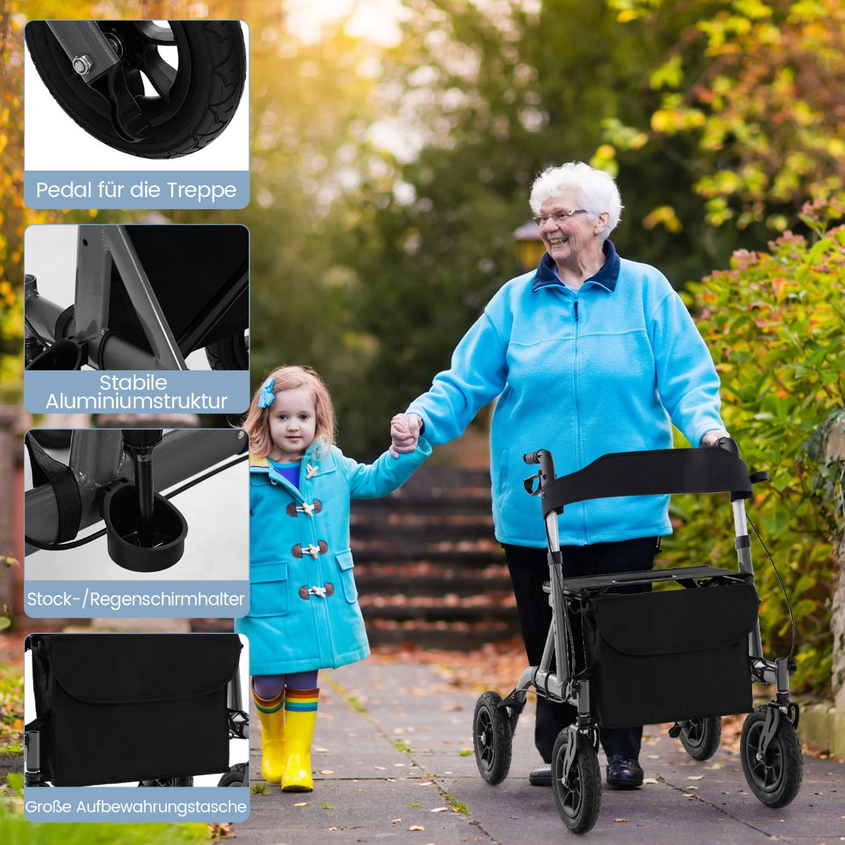Rollator – hopfällbar och lätt med säte i aluminium upp till i rullstol – 136 kg 2 1 – Svart