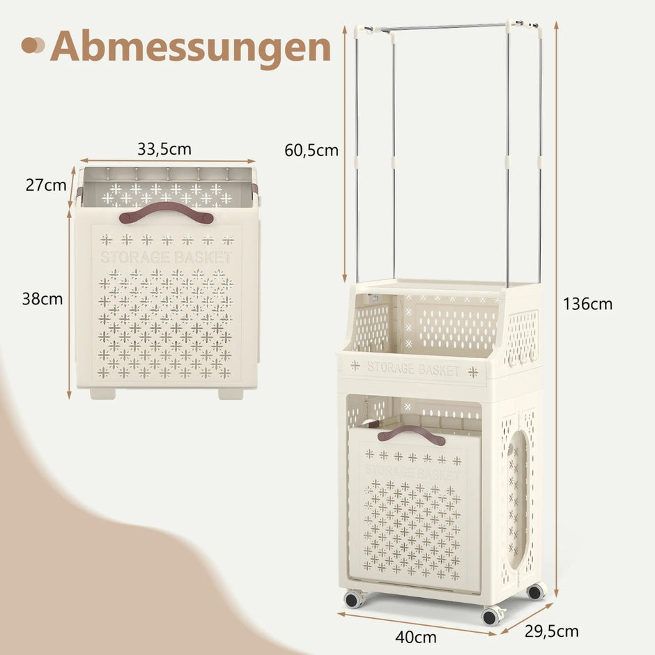 Rullbar – tvättkorg med klädhängare, flerlagers hopfällbar i plast – Beige