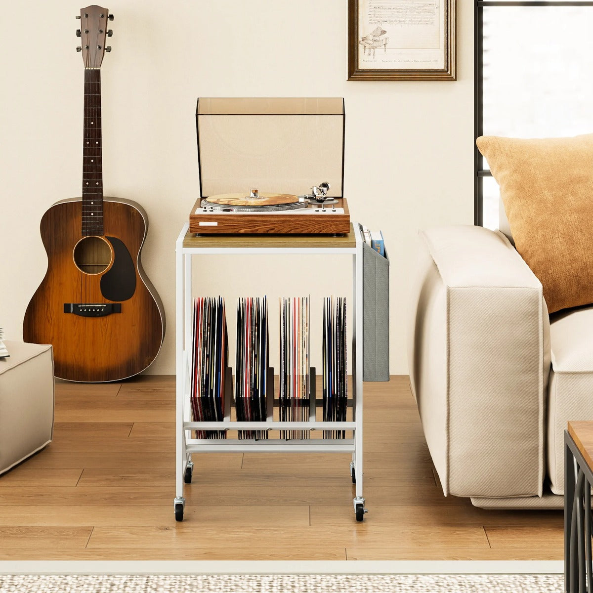 Rullbar – skivspelare ställning Vinylskivbord med vinylförvaring och tidningshållare – Natur
