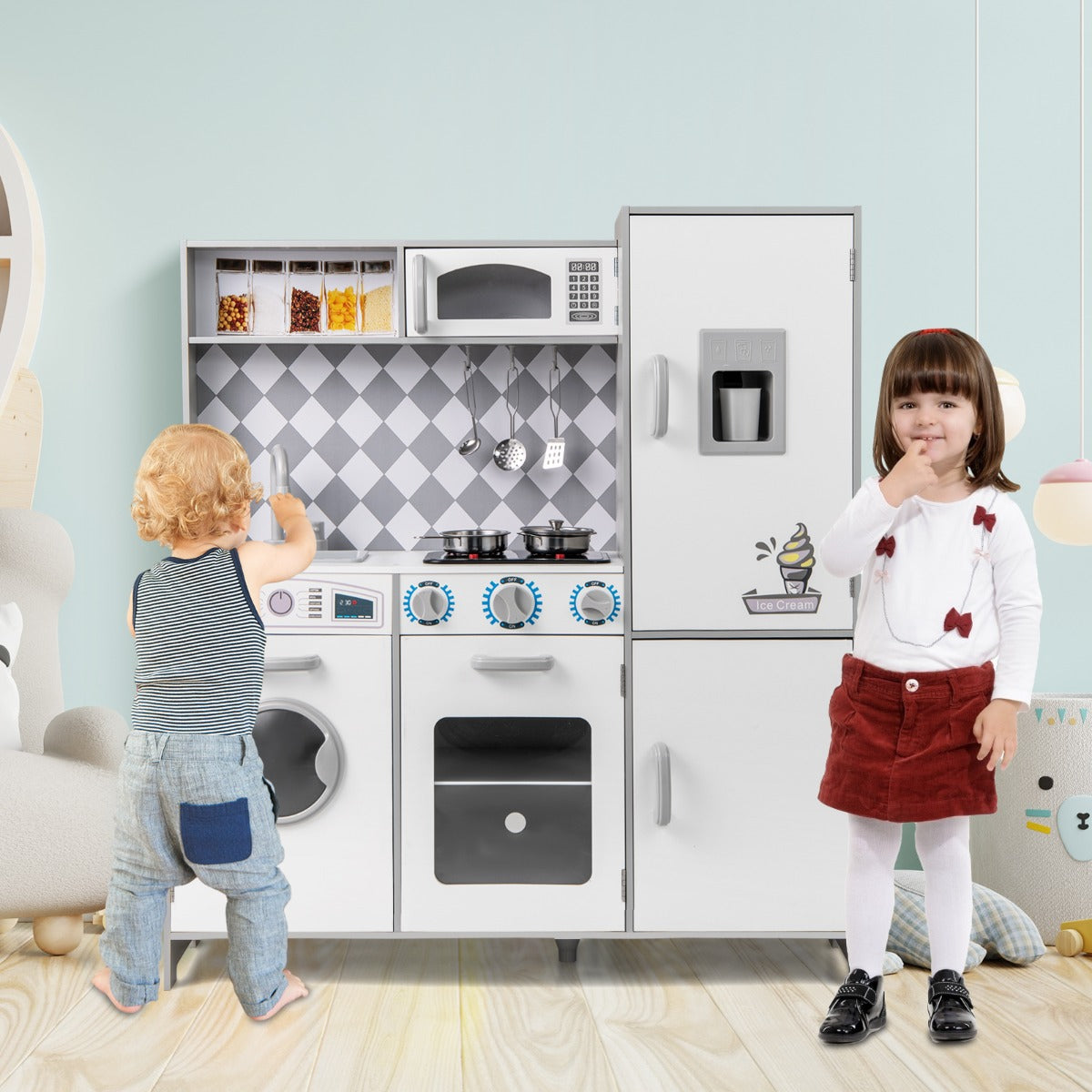 Trä – lekkök med tillbehör Kök lekset Leksakskök glassmaskin och spis – Vit