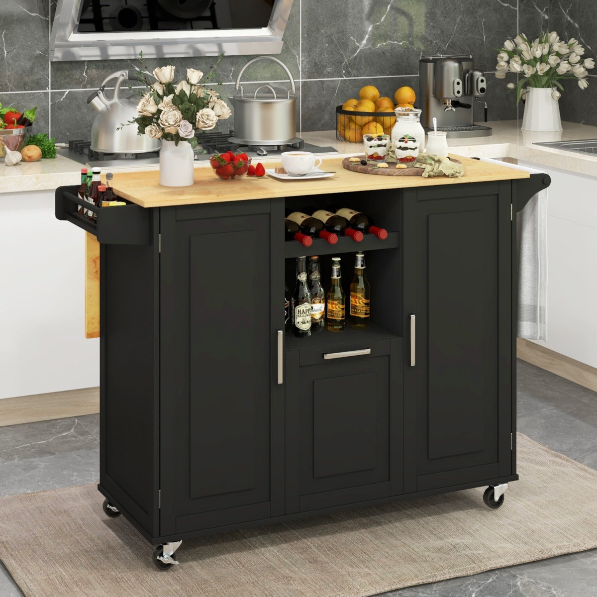 Köksvagn – med hopfällbar bänkskiva och roterande hjul djuplåda Kitchen Island Black – 4 – Svart