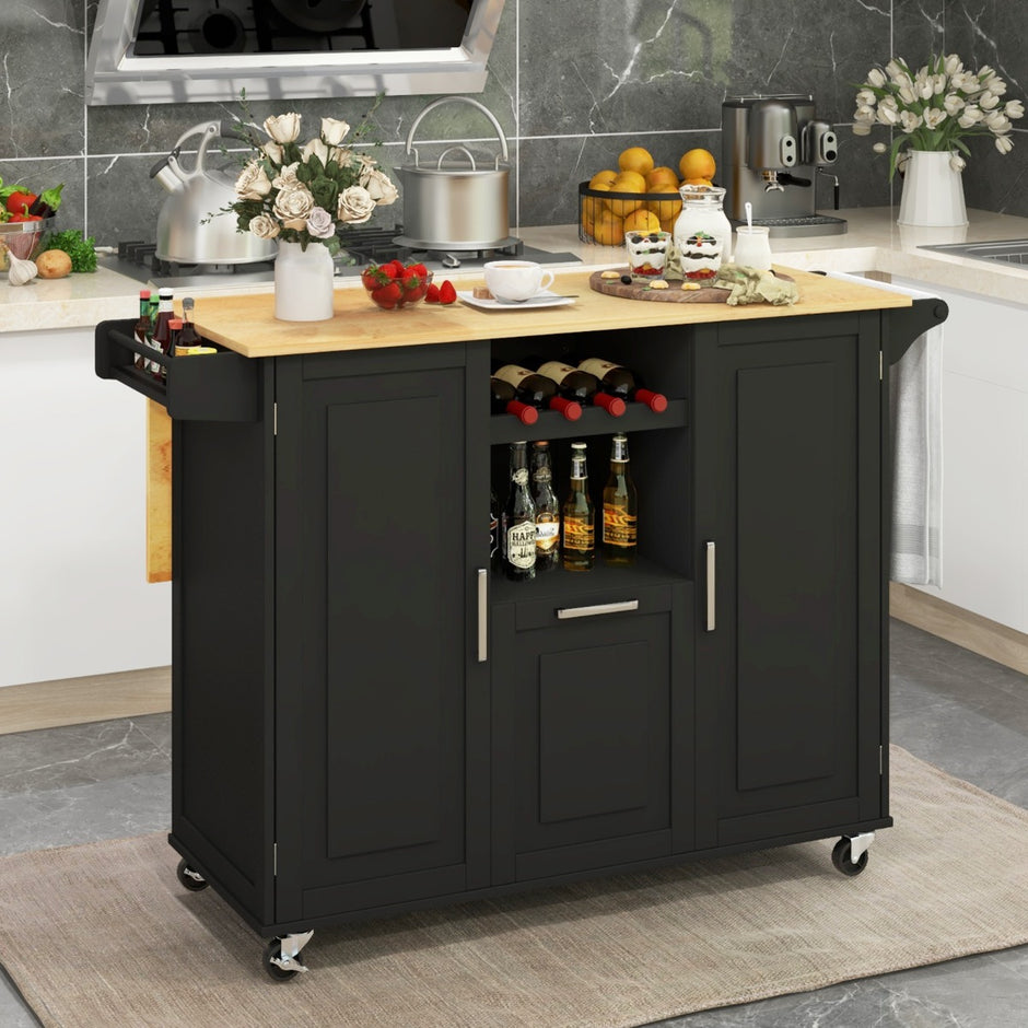 Köksvagn – med hopfällbar bänkskiva och roterande hjul djuplåda Kitchen Island Black – 4 – Svart