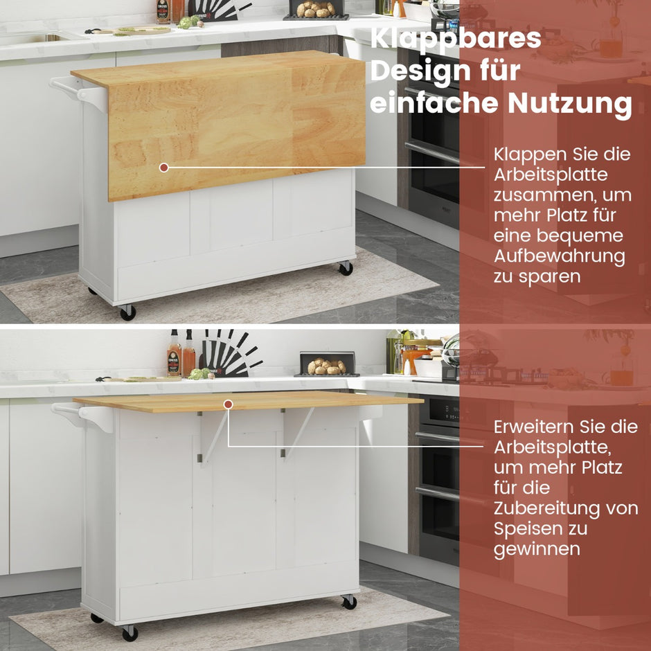 Köksvagn – med hopfällbar bänkskiva och roterande hjul djuplåda Kitchen Island White – 4 – Vit