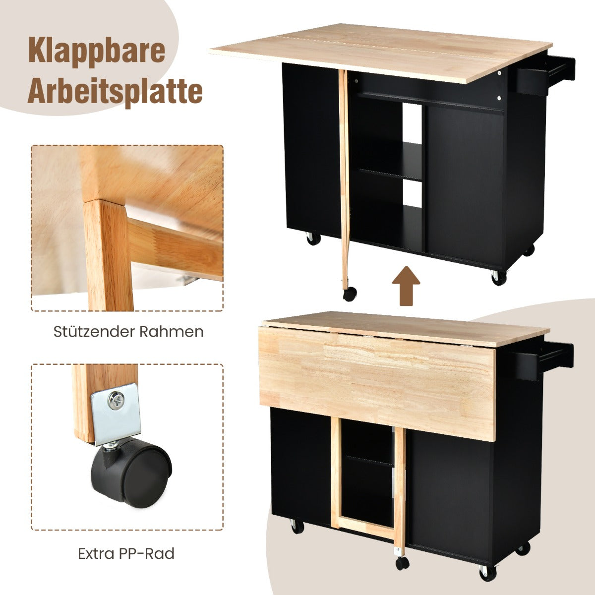 Kitchen – Island Trolley med utdragbar bänkskiva – 124 x 76 x 92 cm – Svart