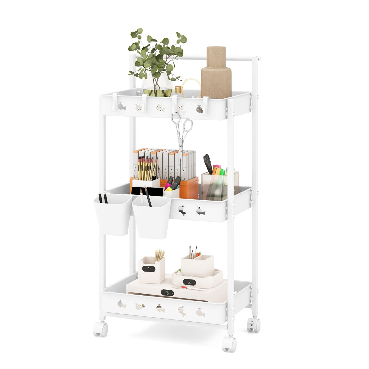 Rullvagn – med nivåer Serveringsvagn hjul Köksvagn hängande koppar – 3 2 42 x 29 x 83 cm – Vit