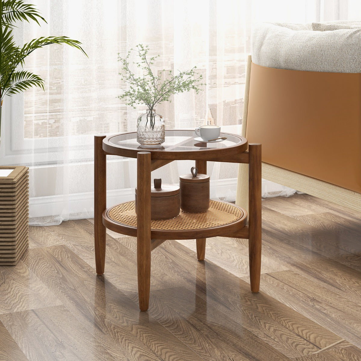 vånings – runt sidobord PE rotting soffbord med härdat glasskiva – 2 – Brun
