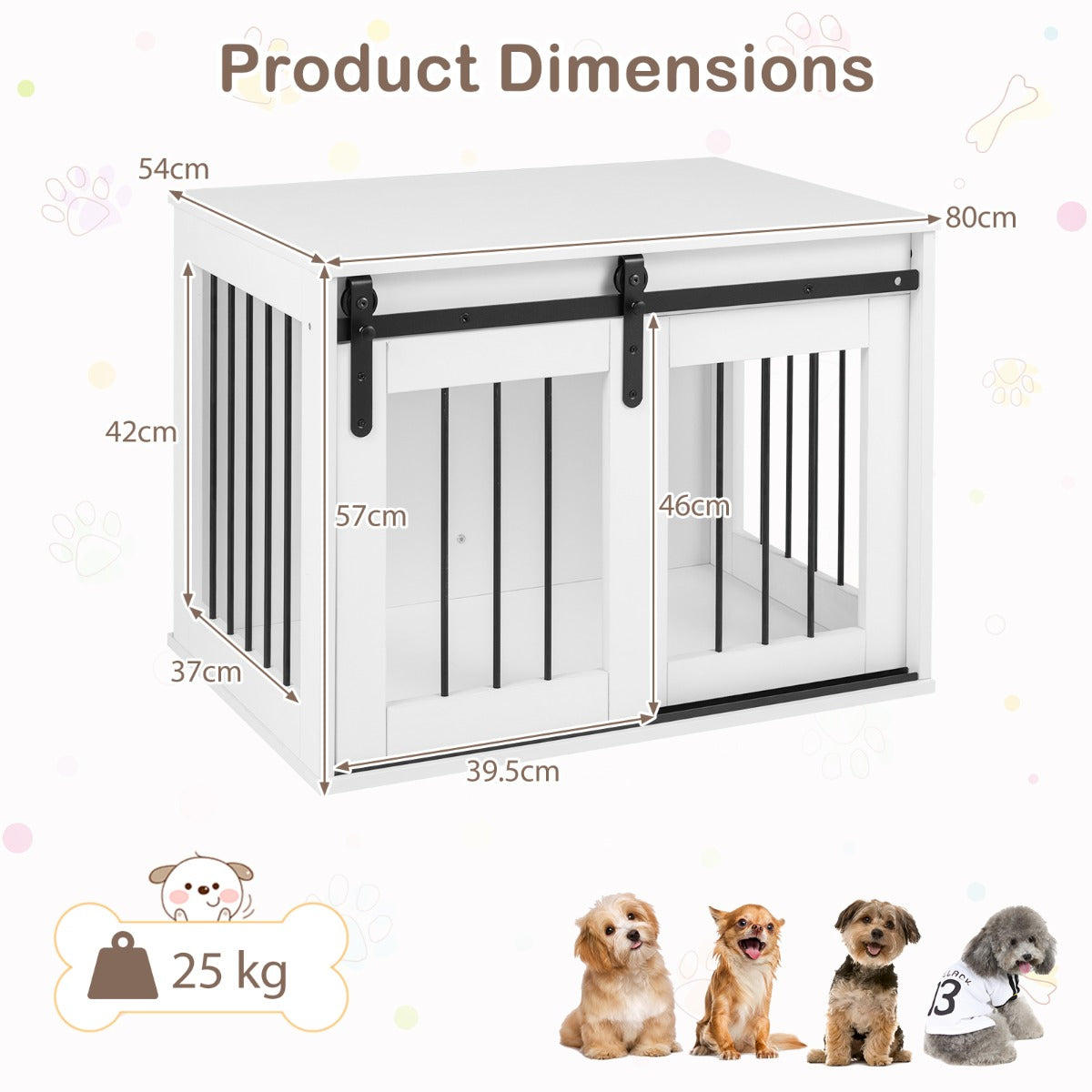 Tung – hundbox med skjeddörr i ladustil, hundbur som möbel och sidobord – 80 cm – Vit